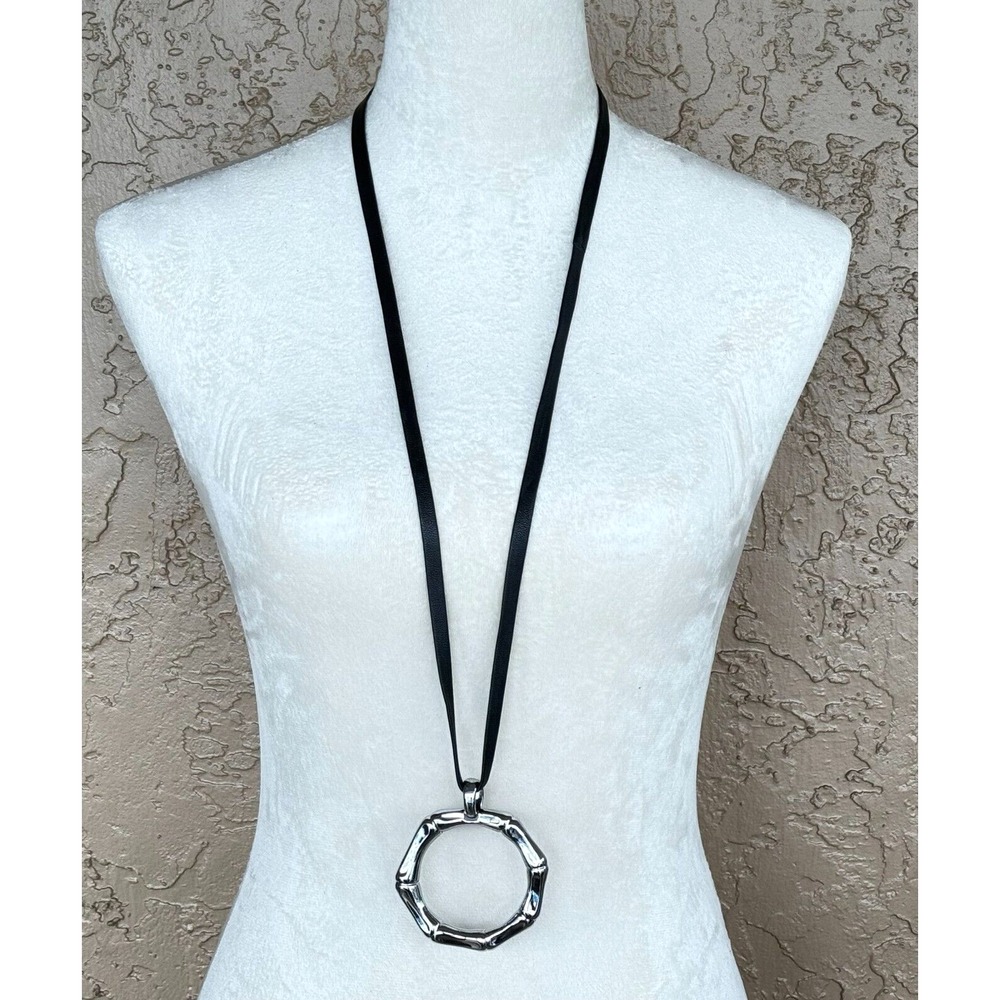 Chico's Long Bamboo Pendant Necklace Leather Minimalist Cord Black Silvertone 36